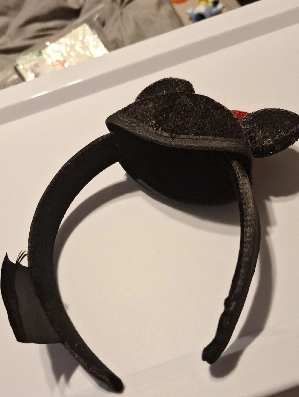 Disney Black Sequin Minnie Ear Headband with Orange Sequin Bow